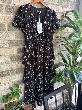 NWT Grace Karin Black Floral Tiered Midi Dress V neck.